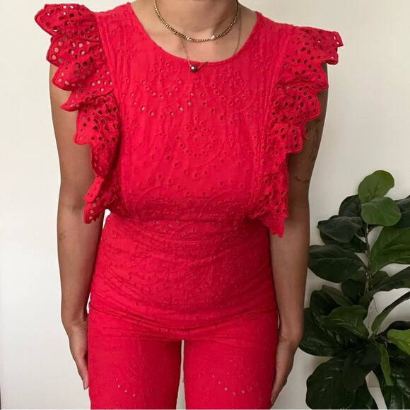 Built By Dreamers Red Lace Jumpsuit Size Medium Eyelet Ruffle Hem Capri Length - Picture 13 of 13